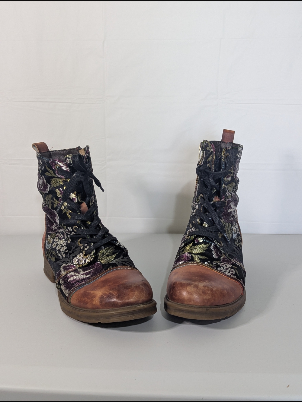 Socofy Floral Brocade Combat Boots EU 40 US 9 9.5 Lace Up Zip Art To Wear